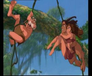 Puzzle de Tarzán, Jane y Porter su padre colgados de una lianas tras decidir que se quedaban a vivir en la selva