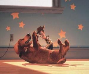 Puzzle de Woody jugando con Buster, el perro salsicha o dachshund de Andy