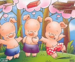 Puzzles de Los tres cerditos pensando como construir sus tres ...