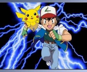 Puzzle de Ash, entrenador de pokémon, con su primer Pokémon Pikachu