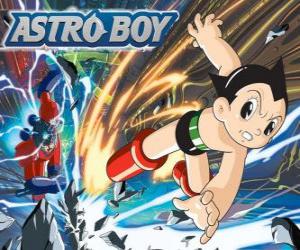 Puzzle de Astro volando gracias a sus superpoderes, sus piernas transformadas en cohetes