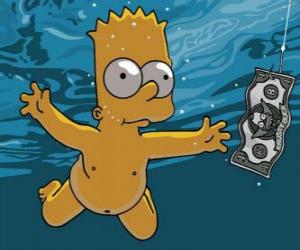 Puzzle de Bart Simpson bajo el agua para coger un billete de un anzuelo