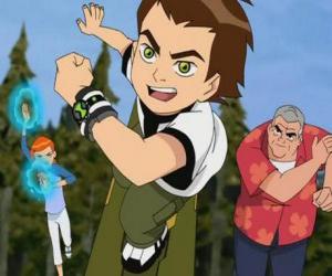 Puzzle de Ben 10 con el reloj extraterrestre Omnitrix en la muñeca junto a su prima Gwen y su abuelo Max