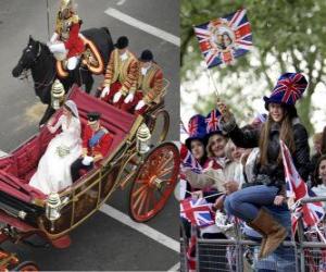 Puzzle de Boda Real británica entre el Príncipe Guillermo y Kate Middleton, pasean en carroza acalamados por los ciudadanos