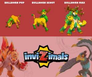 Puzzle de Bullhorn en sus tres fases Bullhorn Pup, Bullhorn Scout y Bullhorn Max, de Invizimals