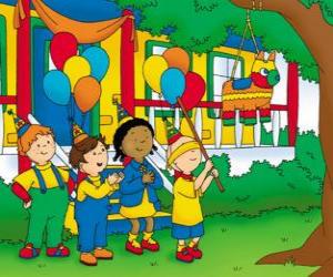 Puzzle de Caillou intentando de romper la piñata en una fiesta junto a sus amigos