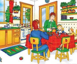 Puzzle de Caillou y su familia comiendo en la cocina