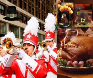 Puzzle de Celebración del Día de Acción de Gracias con el tradicional pavo y el típico sombrero de los Pilgrims. Se celebra en EEUU el cuarto jueves de noviembre