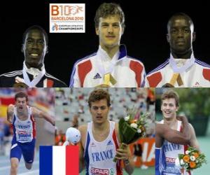 Puzzle de Christophe Lemaitre campeón de 200 m, Christian Malcolm y Martial Mbandjock (2º y 3ero) de los Campeonatos de Europa de atletismo Barcelona 2010