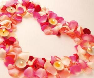 Puzzle de Corazón hecho con pétalos de rosas y velas