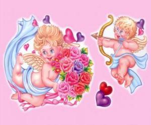 Puzzle de Cupido con el arco y la flecha junto a otro ángel con un ramo de flores entre corazones