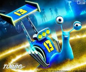 Puzzle de Derrape, el caracol de carreras con el número 13