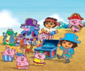 Puzzle de Dora junto a sus amigos jugando a ser piratas