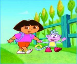 Puzzle de Dora, la niña exploradora, al lado del mono Botas explorando