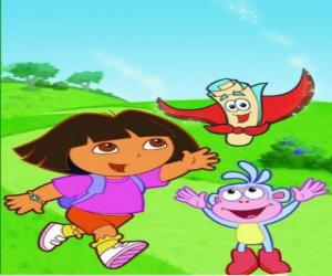 Puzzle de Dora Marquez, la exploradora, con sus mejores amigos: el mono Botas, Mochila y Mapa