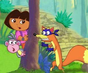 Puzzle de Dora y el mono Botas escondiendose de Zorro el villano