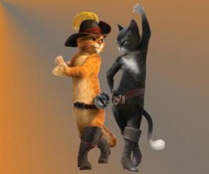 Puzzle de El Gato con Botas bailando con la gata Kitty