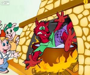 Puzzle de El lobo intenta entrar a la casa por la chimenea pero cae dentro de un caldero hirviente