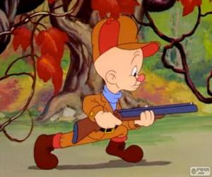 Puzzle de Elmer Gruñon, Elmer Fudd en inglés, el cazador que intenta cazar a Bugs Bunny