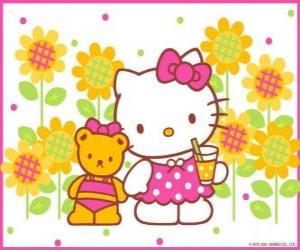 Puzzle de Hello Kitty tomando un refresco en el campo junto a su osito de peluche Tiny Chum 