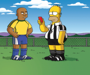 Puzzle de Homer Simpson haciendo de arbitro mostrando una tarjeta roja a Ronaldo