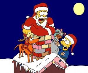 Puzzle de Homer y Bart Simpson ayudan a Papá Noel con los regalos
