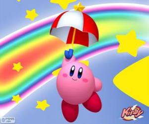 Puzzle de Kirby con un paraguas volando entre las estrellas y el arcoiris