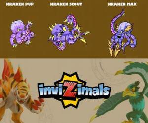 Puzzle de Kraken en sus tres fases Kraken Pup, Kraken Scout y Kraken Max, de Invizimals
