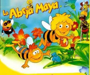Puzzle de La abeja Maya y su amigo Willi bajo la mirada de Flip y otros personajes