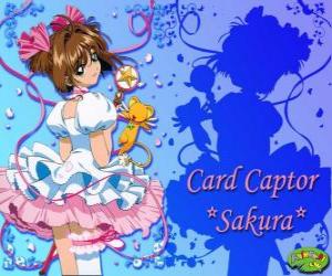 Puzzle de La cazadora de cartas Sakura con uno de sus vestidos al lado de Kero