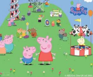 Puzzle de La familia de Peppa Pig en el parque de atraciones