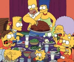 Puzzle de La familia Simpson en el día de Acción de Gracias donde la famili se reúne para comer