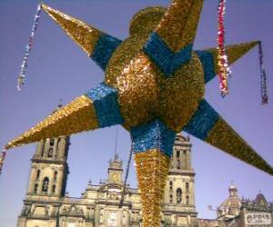 Puzzle de La piñata tradicional en México en las fiestas navideñas, una estrella de nueve puntas, la estrella de Belén