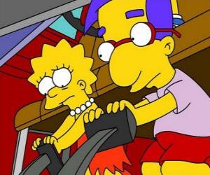 Puzzle de Lisa junto al mejor amigo de Brat, Milhouse jugando con los pedales del coche