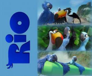 Puzzle de Logo de la película Rio con tres de sus protagonistas: los guacamayos Blu, Jewel y el tucano Rafael