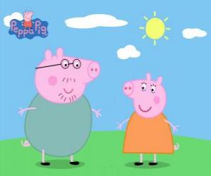 Puzzle de Los padres de Peppa Pig paseando bajo el sol