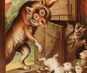 Puzzle de Los siete cabritillos están asustados y corren a esconderse cuando ven al lobo en la puerta