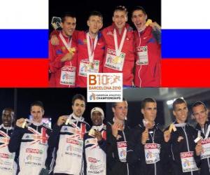 Puzzle de M. Dyldin, A. Axenov, P. Trenijin y V. Krasnov campeónes 4x400m , C. Williams, M. Bingham, R. Tobin y M. Rooney (2os) A. Destatte, K. Borlée, C. van Branteghem Brant y J. Borlée (3eros) de los Campeonatos de Europa de atletismo Barcelona 2010