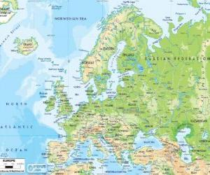 Puzzle de Mapa de Europa. El continente europeo se extiende a través de Rusia hasta los montes Urales