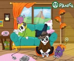 Puzzle de Max jugando a los videojuegos mientras Ella está leyendo y escuchando música junto a sus mascotas