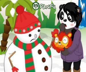 Puzzle de Muñeco de nieve sin nariz ya que pompom se la quiere comer ante la sorpresa de Penny