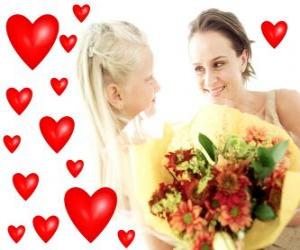 Puzzle de Niña con un ramo de flores para su madre y corazones rojos