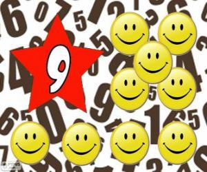 Puzzle de Número 9 dentro de una estrella con nueve smiles o sonrisas