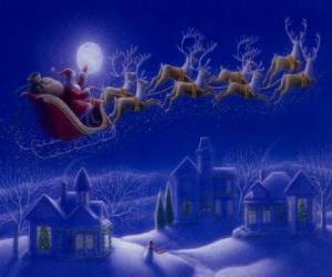 Puzzle de Papá Noel en su trineo mágico volador tirado por los renos navideños la noche de Navidad