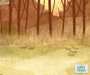 Puzzle de Patito feo nadando en el estanque con su hermanos