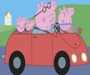 Puzzle de Peppa Pig con su familia en el coche: Papá Pig, Mamá Pig y George Pig, su hermano pequeño