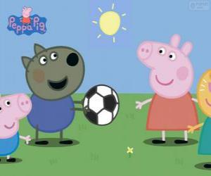Puzzle de Peppa Pig jugando con el balón con sus amigos