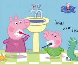 Puzzle de Peppa Pig y George Pig lavándose los dientes