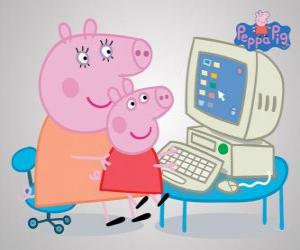 Puzzle de Peppa Pig y su madre en el ordenador o computador