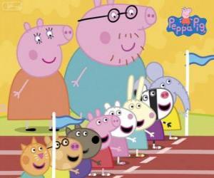 Puzzle de Peppa Pig y sus amigos preparados para la carrera